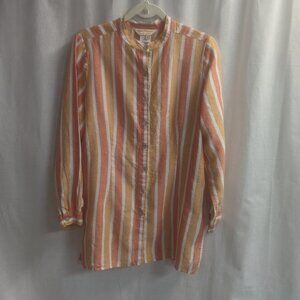 Norm Thompson Size Medium Linen Striped Button Down Tunic Coral
